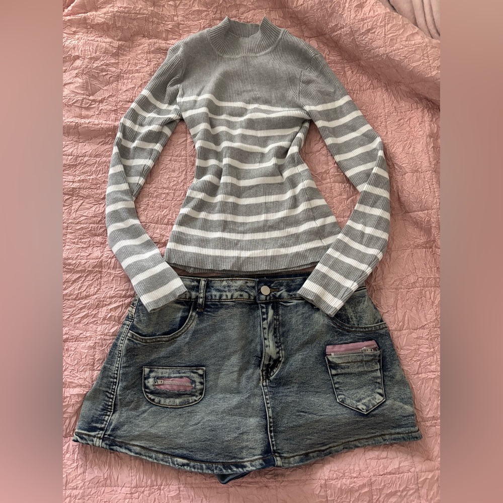 Authentic Original Vintage Style Denim Mini Skirt - Blue and Pink and sweater